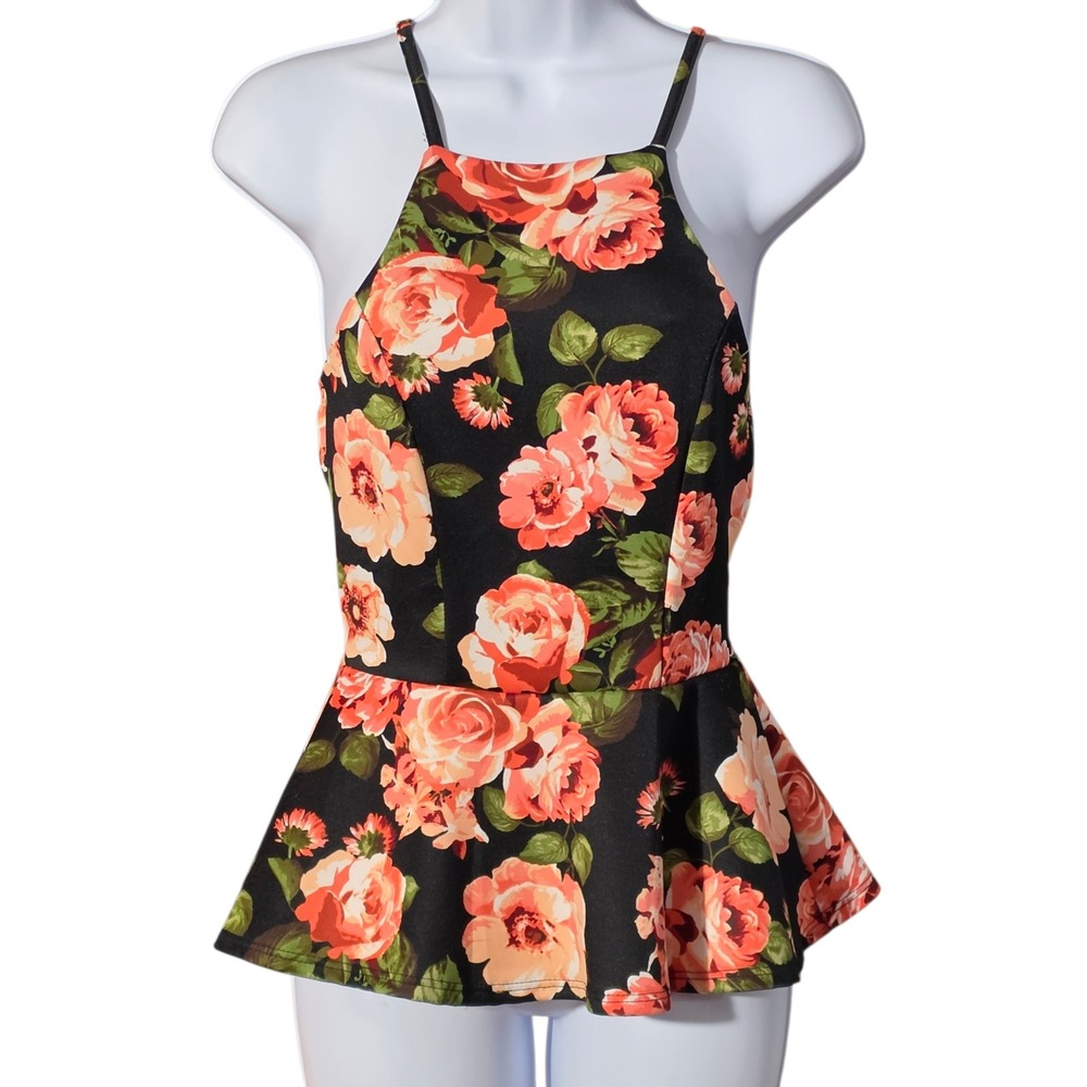 VTG Charlotte Russe Women Floral Peplum Top Black Pink Rose Lace Back Medium USA